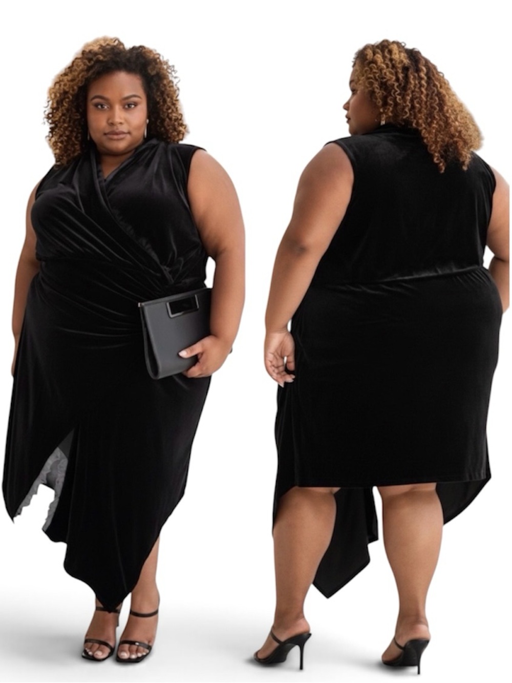 NWT Ashley Graham X Peppercorn Black Velvet Asymmetrical Dress Lace Trim Size 4X